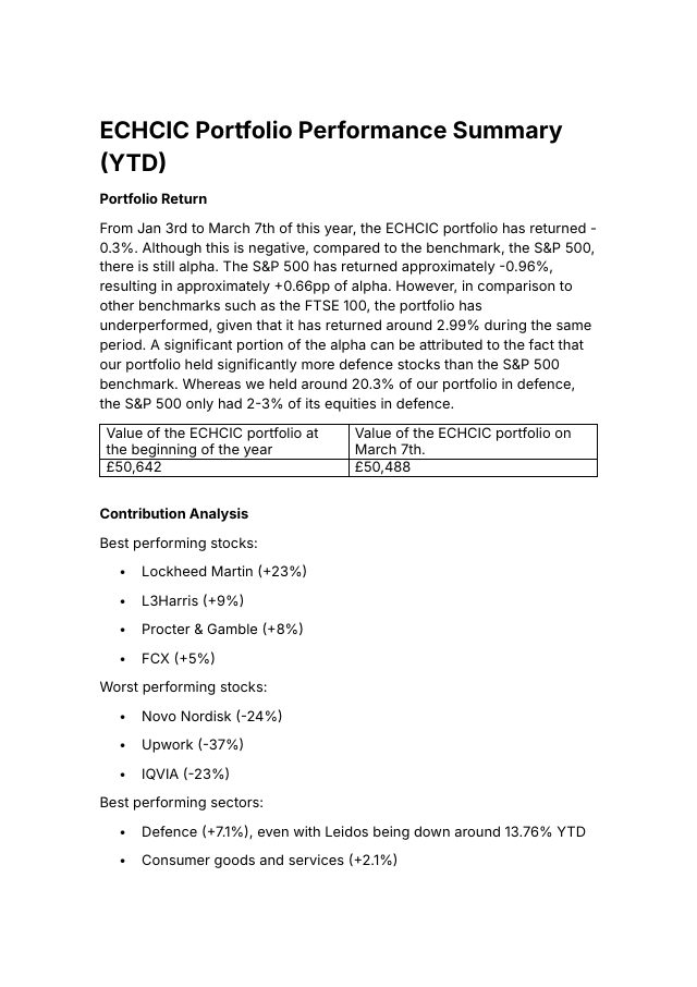 ECHCIC Portfolio Performance Summary (YTD) document cover